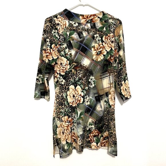 ALBERTO MAKALI Green Cream Leopard Cheetah Animal Floral Plaid 3/4 Sleeve Tunic - Picture 9 of 10